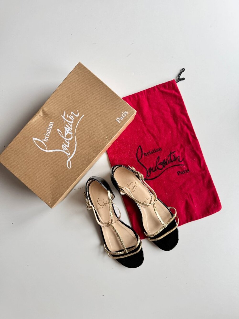 CHRISTIAN LOUBOUTIN Arnold Black Patent Leather Gold T-Strap Sandals, Size 38